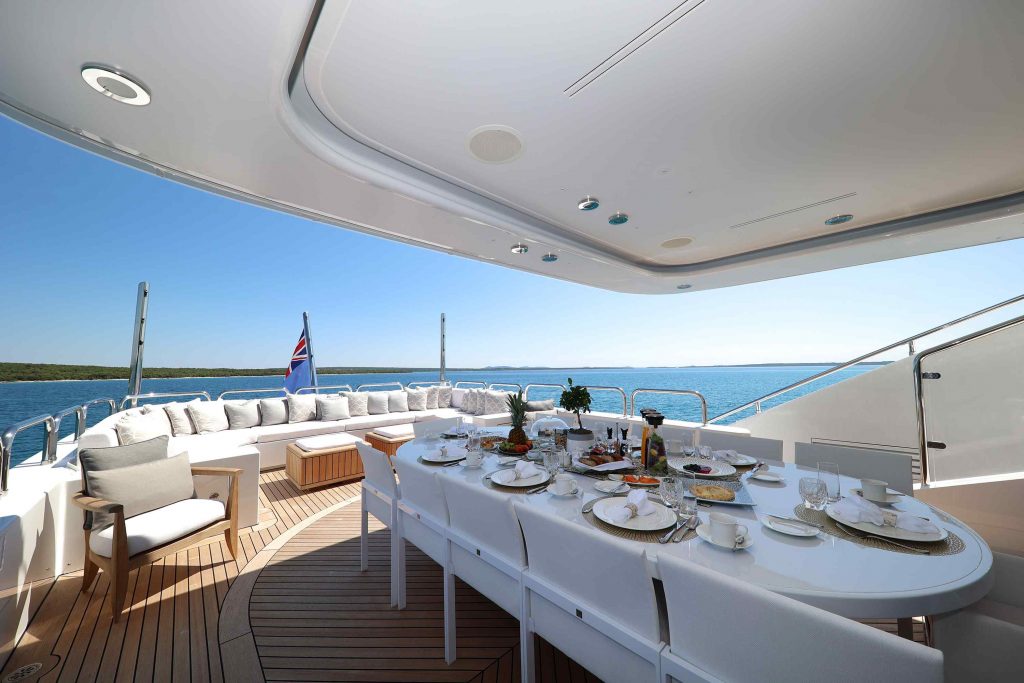 Alalya Yacht Charter bridge deck dining area for 12