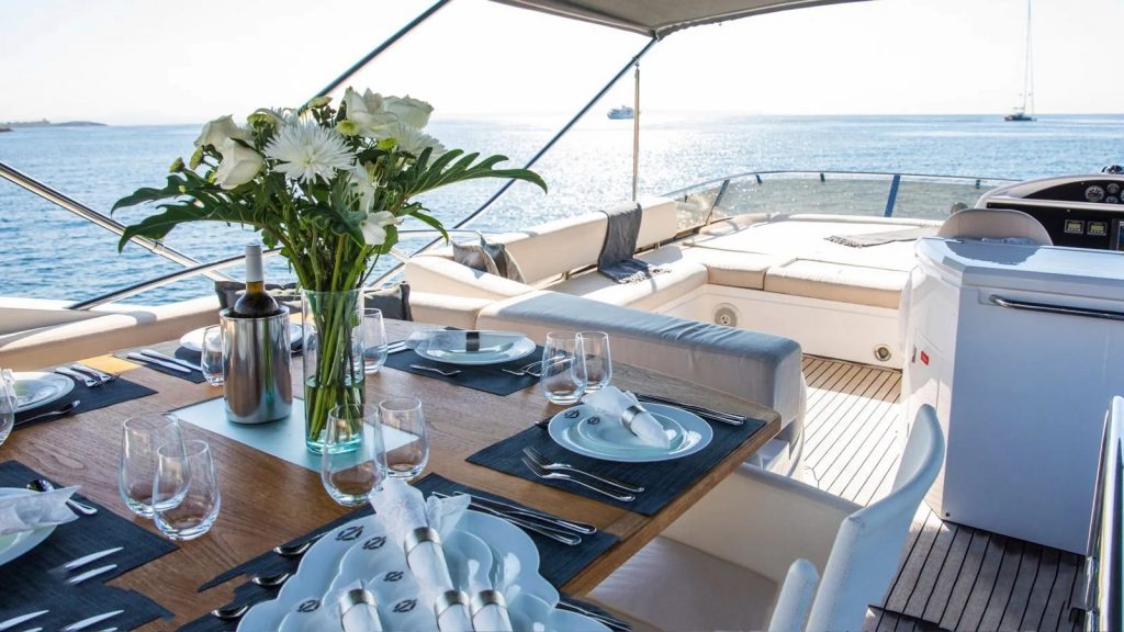 Cardano yacht charter bridge deck dining and lounge