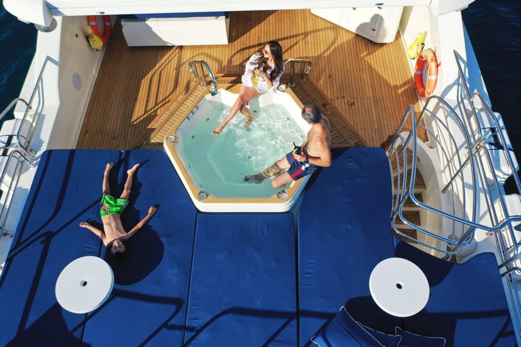cassiopeia yacht charter relaxing on the flybridge jacuzzi