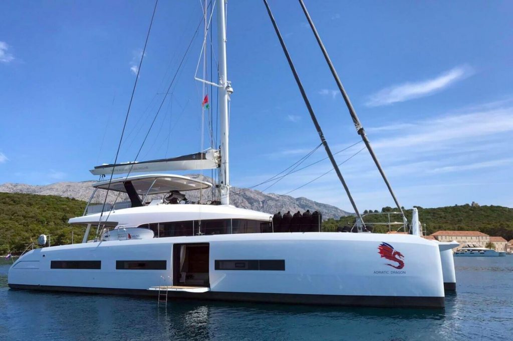 adriatic dragon catamaran yacht anchored in the sea