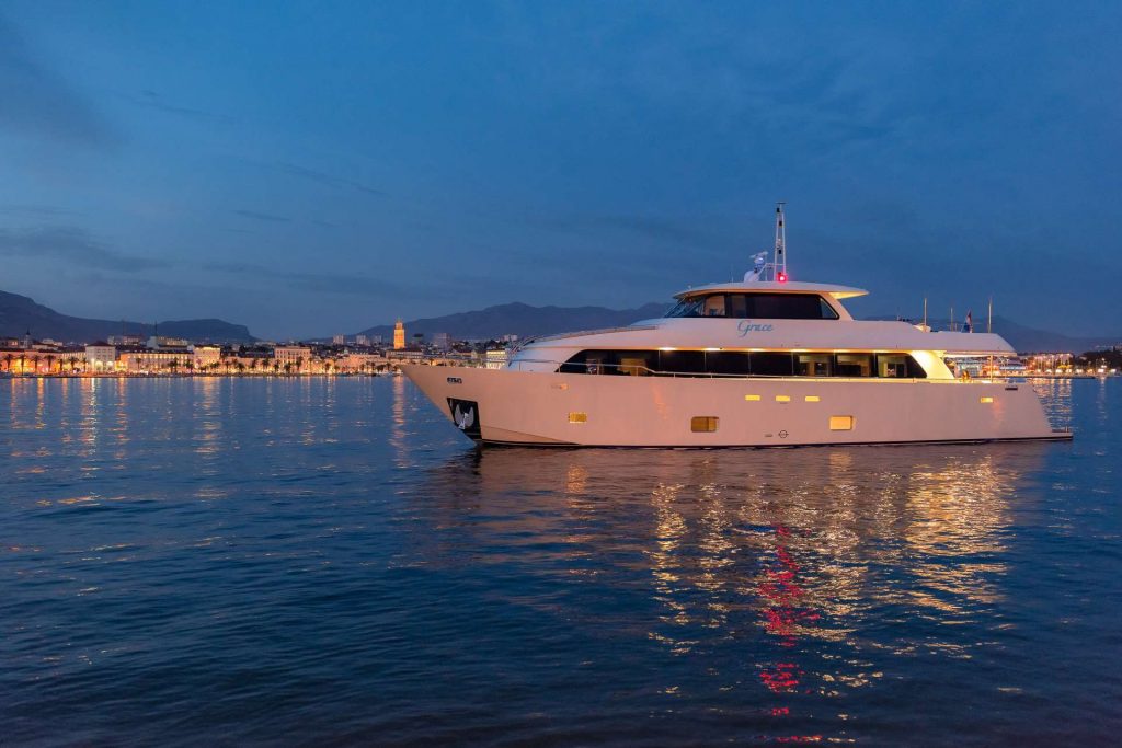 grace yacht charter anchored in croatia by night