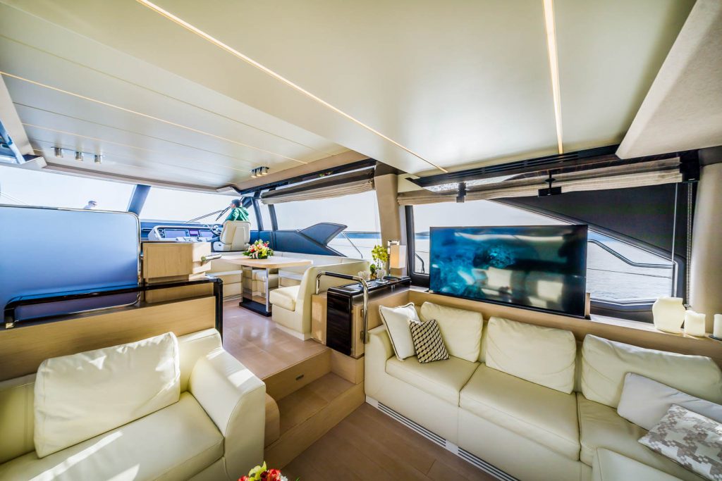 yacht charter salon area with sofas and a coffee table