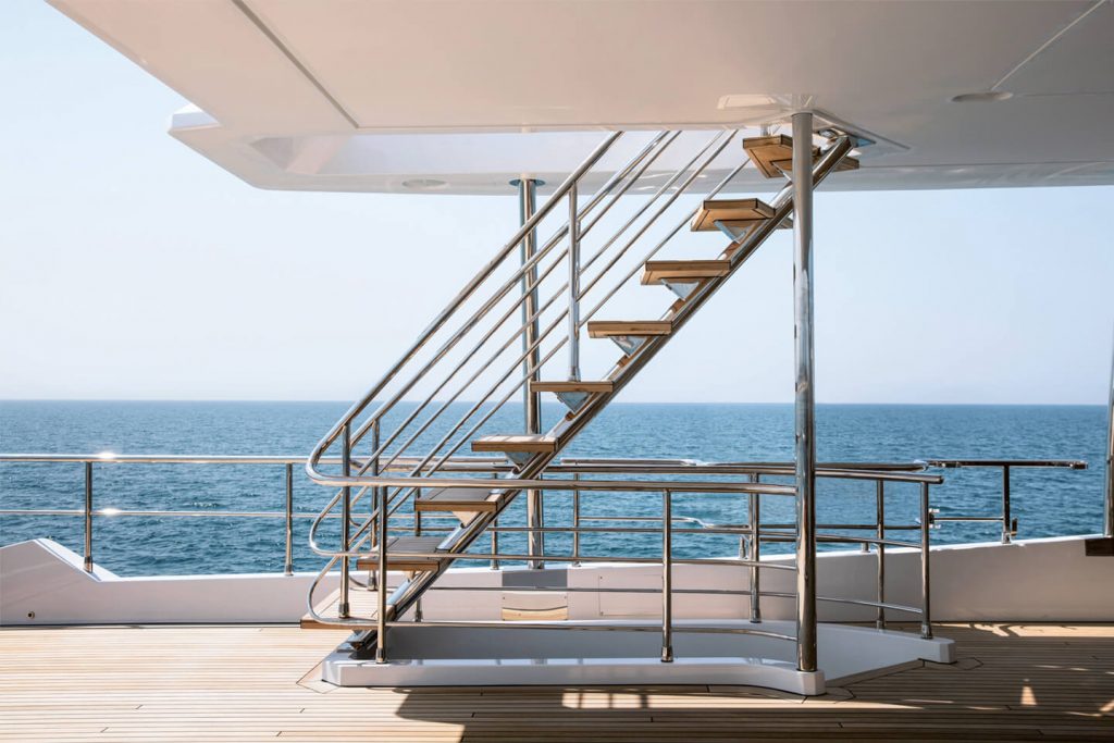 heed yacht charter stairs to top deck