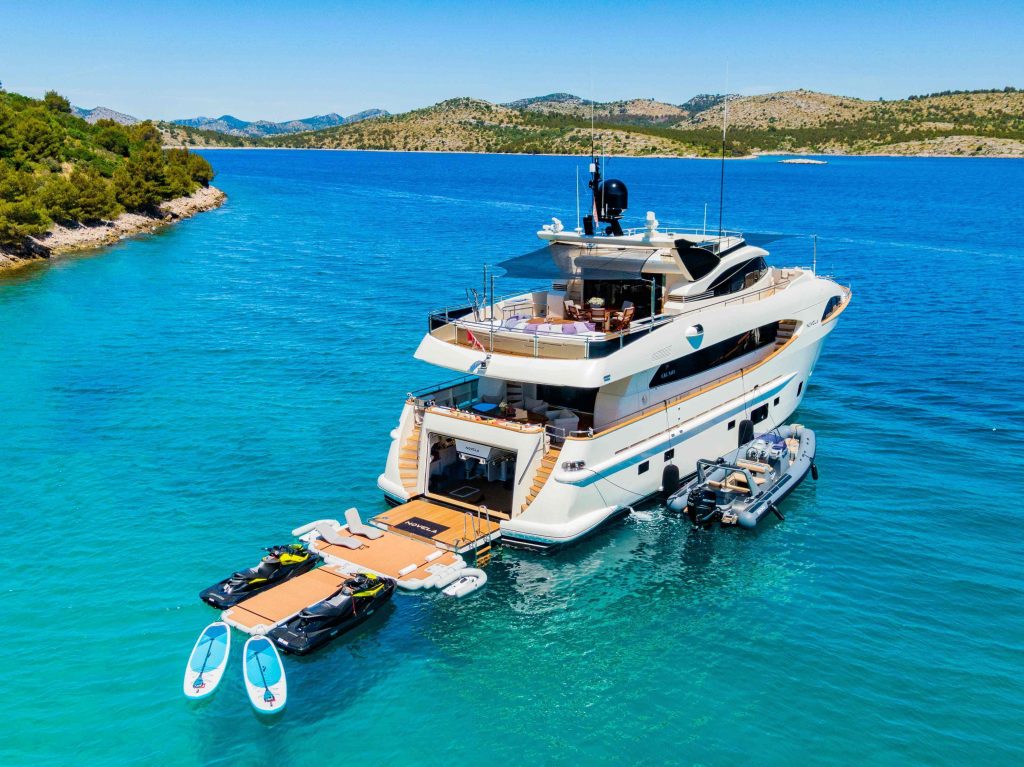 Novela Yacht Charter aerial view with transom door down