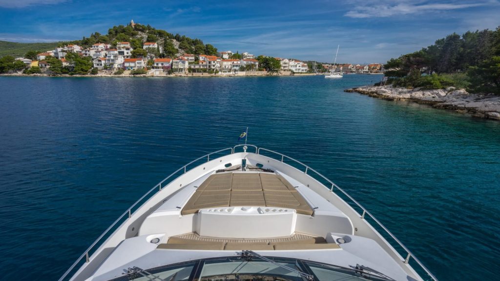 a cloudy bay yacht charter bow view