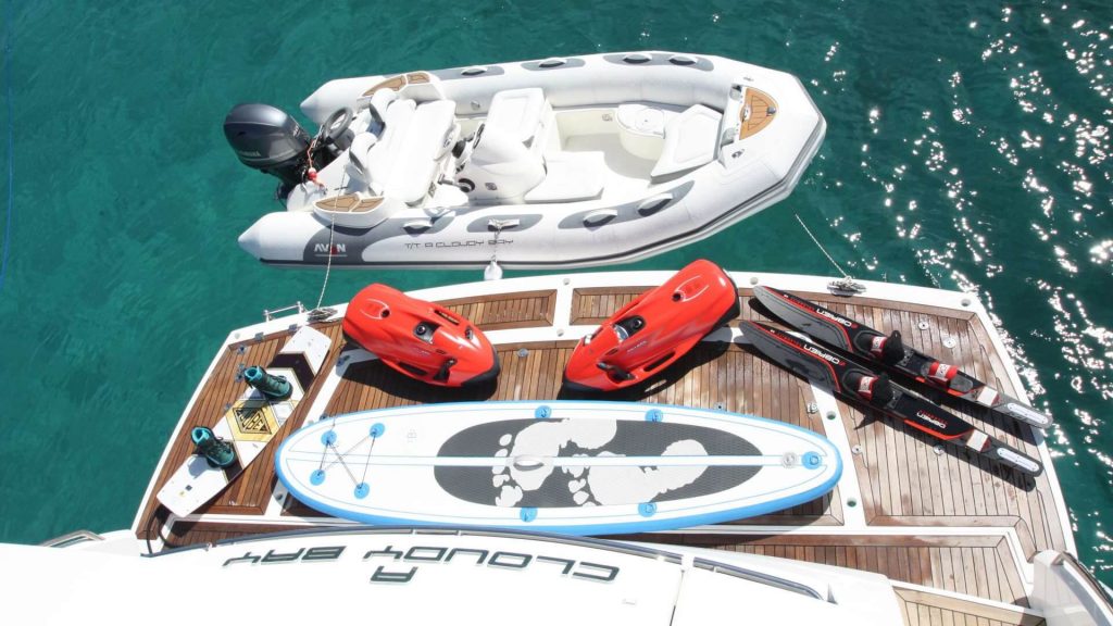 a cloudy bay yacht charter water toys
