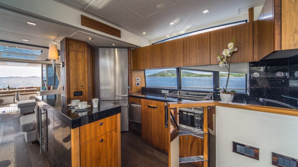 a cloudy bay yacht charter kitchen area