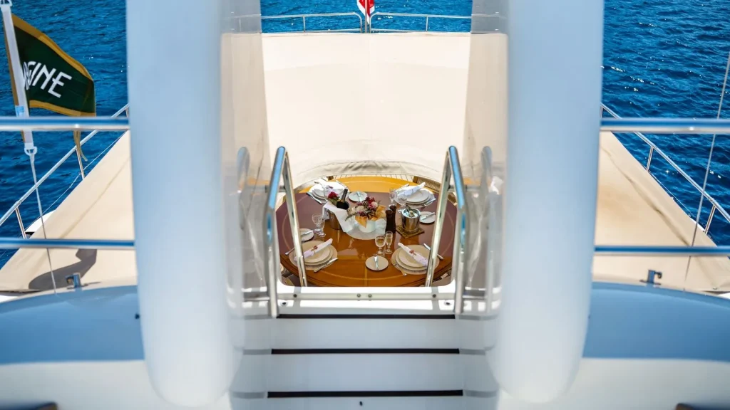 imagine yacht charter view of the bridge deck dining table
