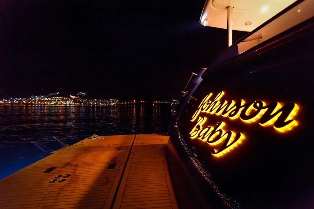 johnson baby yacht charter bow view during a night