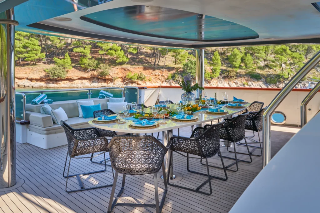 omnia yacht charter main deck dining area