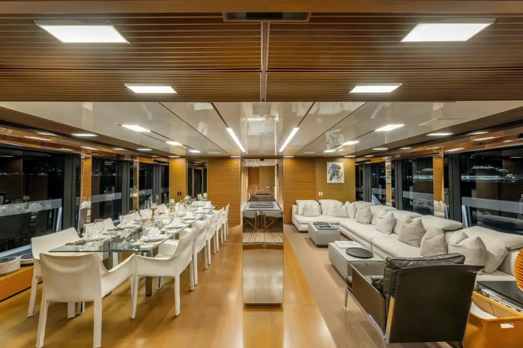 seven sins yacht charter sky lounge dining area