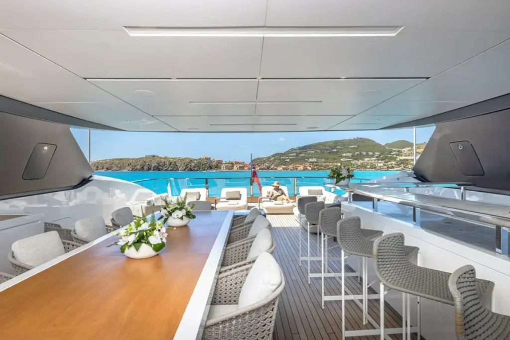 seven sins yacht charter sundeck dining area