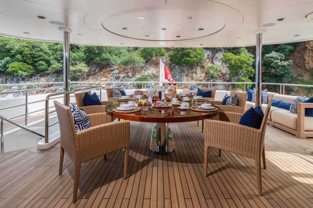 Tirea yacht charter bridge deck dining area