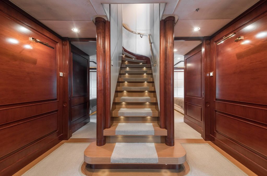Tirea yacht charter lower deck stairway