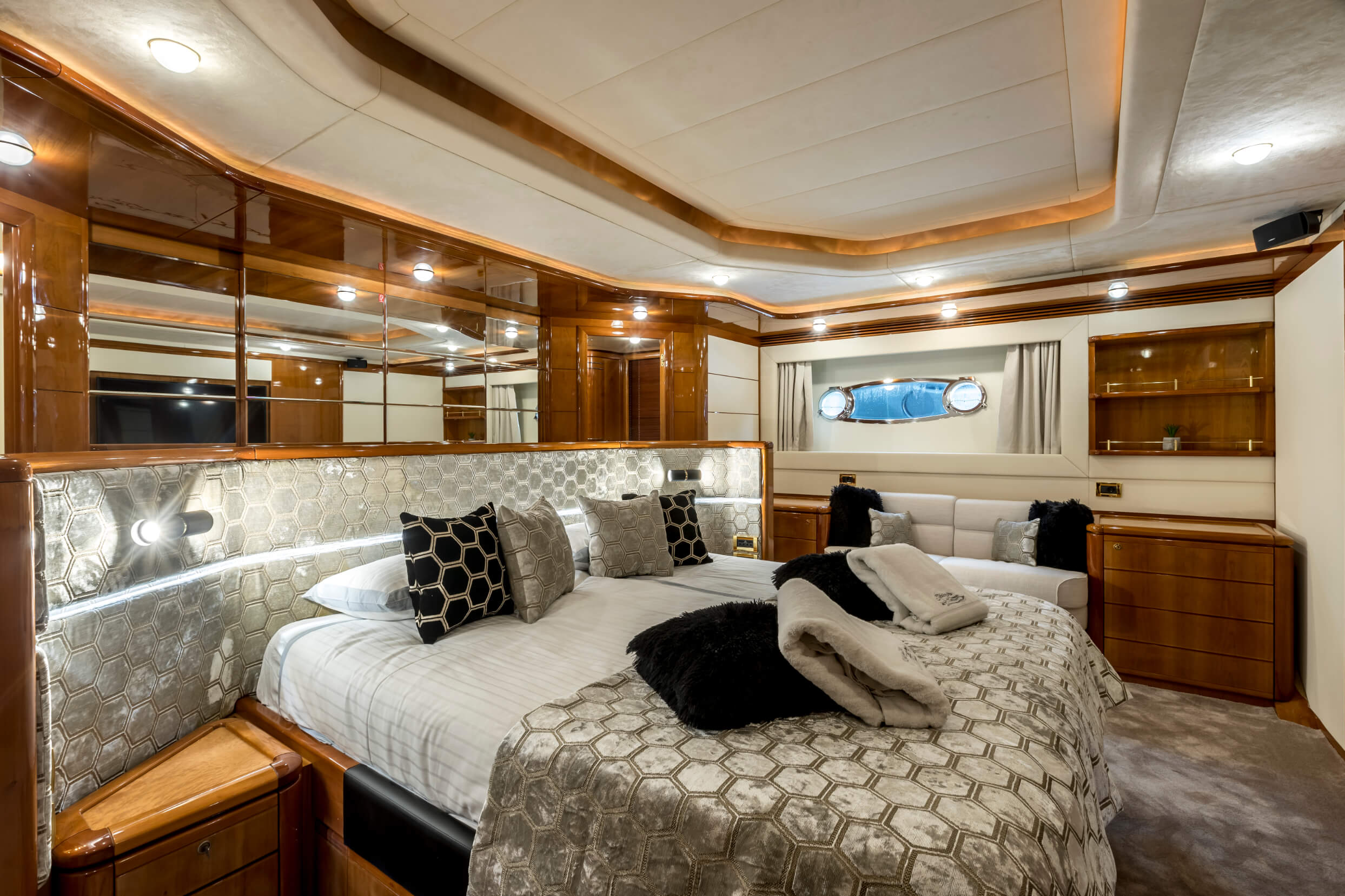 luxurious bedroom on the yacht lower deck