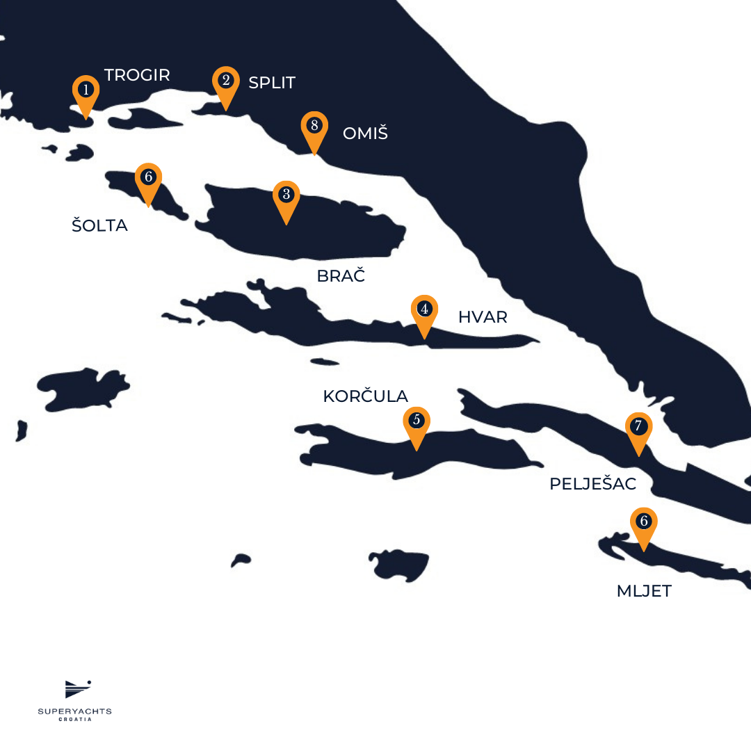 Yacht chareter In Trogir seven day cruise itinerary map graphic