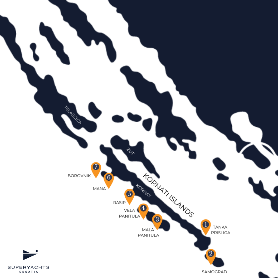 Yacht charter in Šibenik Yacht charter in Kornatzi Best DIVING SPOTS KORNATI ISLANDS MAP
