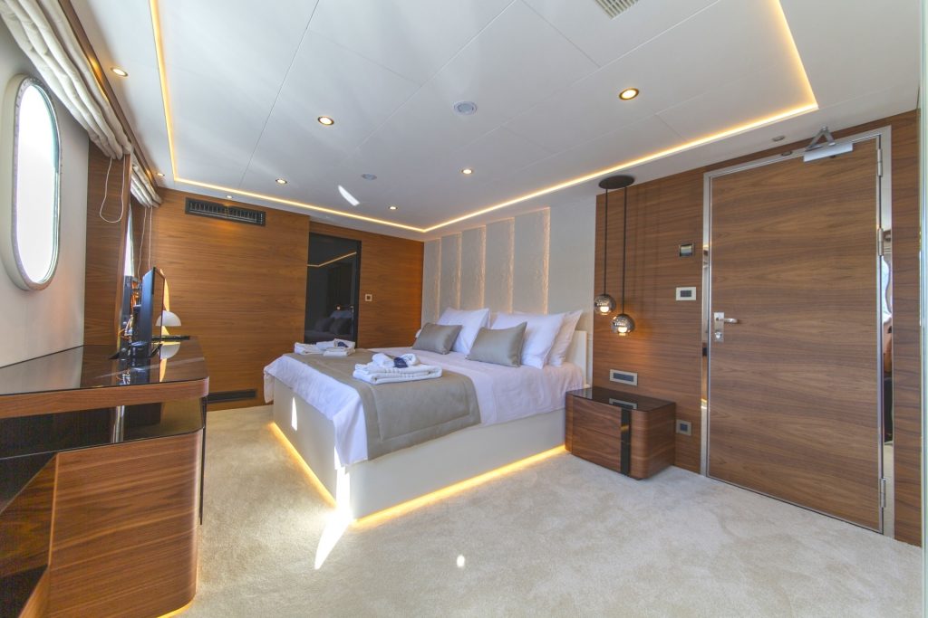 anthea yacht charter bed in the main deck cabin