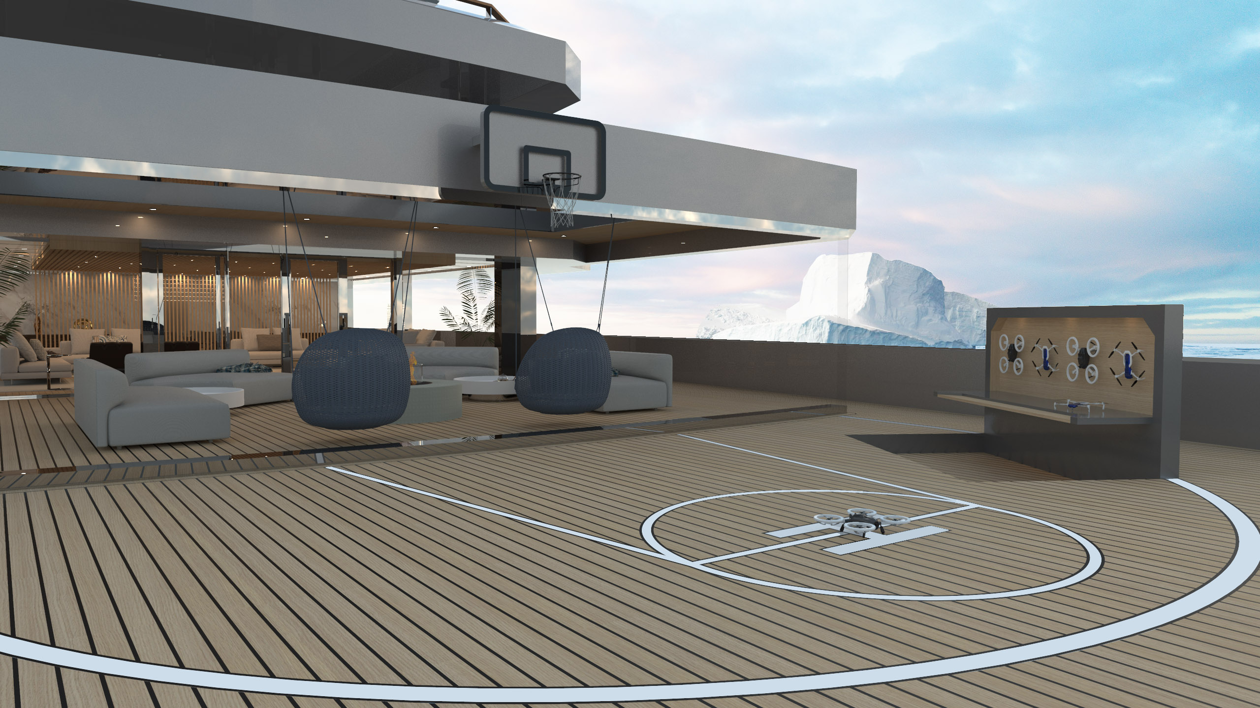 deck area on a yacht design with a basketball court