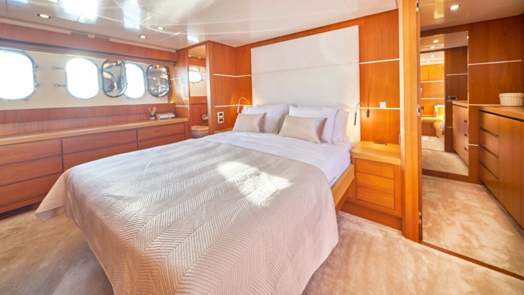 king size bed in the yacht cabin
