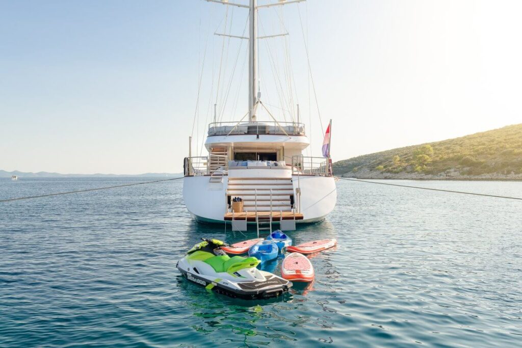 lady gita yacht charter rear view, jet ski, water toys