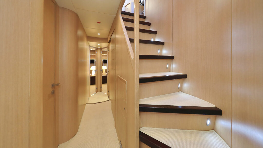 hope i yacht charter lower deck stairway
