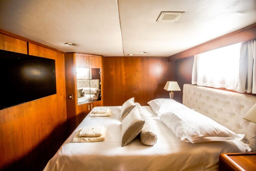 auriane yacht charter vip stateroom and tv