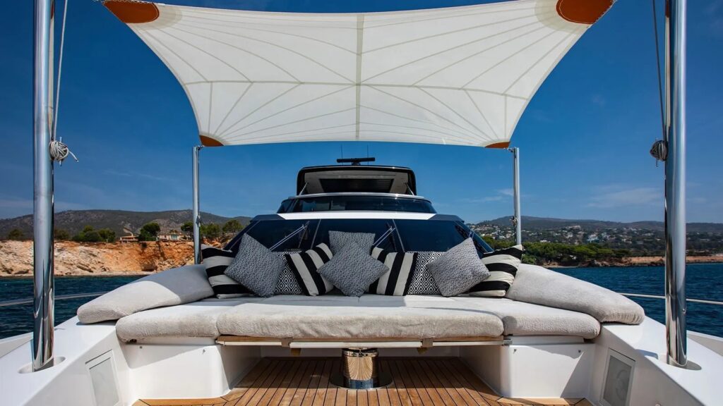 balance yacht charter front deck with bimini for shade