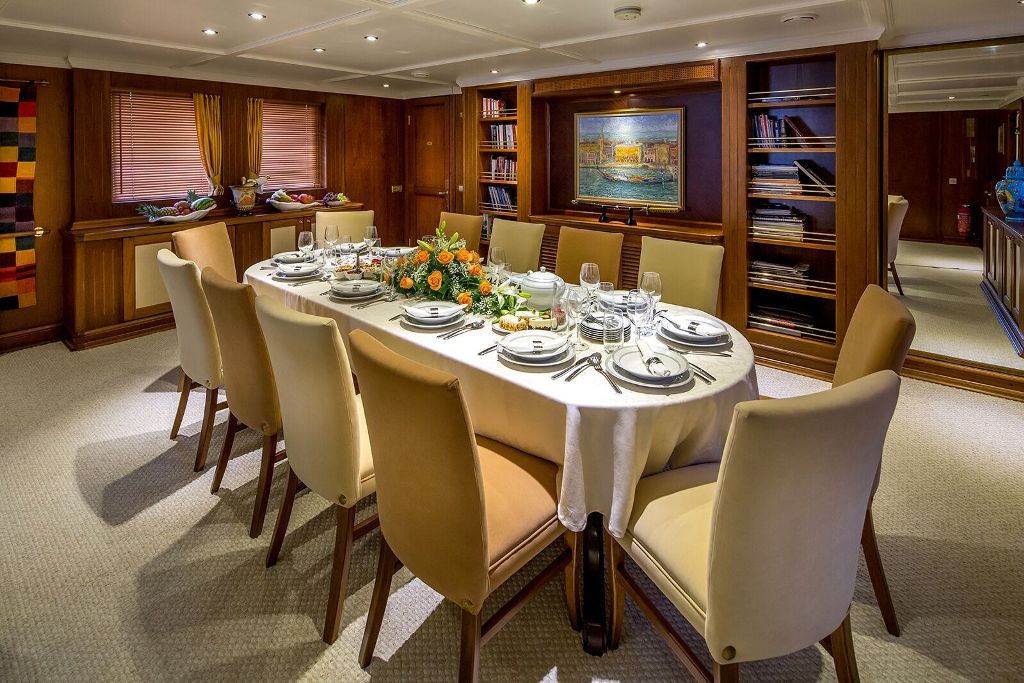 donna del mare yacht charter indoor dining setup