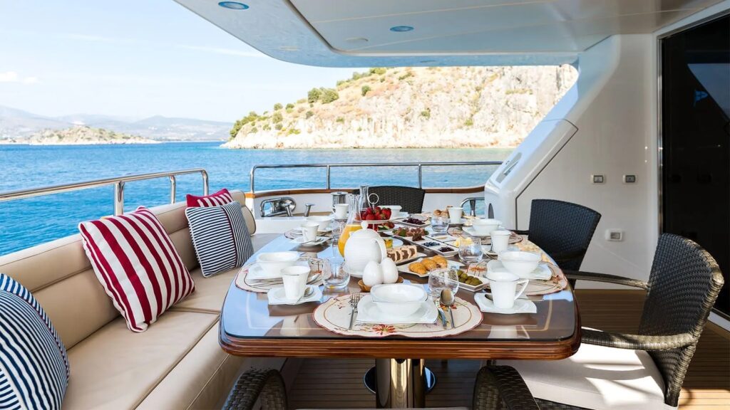 Rebecca V yacht charter aft deck dining area