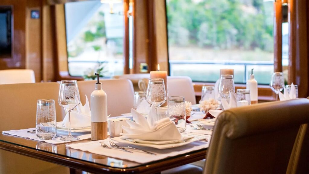Rebecca V yacht charter indoor dining details
