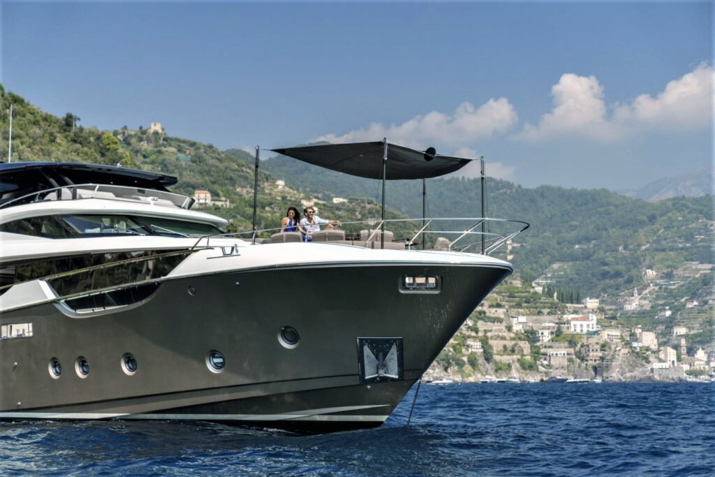 bow area of vivaldi yacht with bimini sun shade