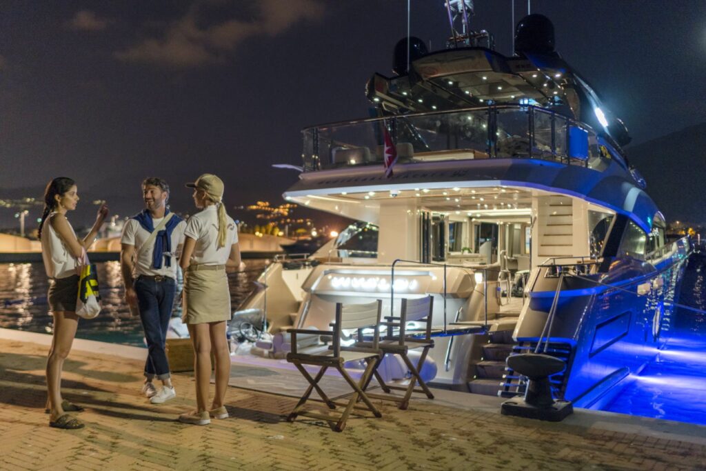 vivaldi yacht charter is moored while the guests talk