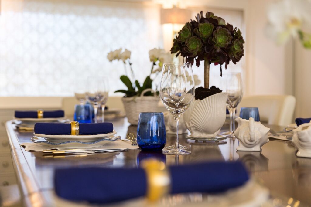 blue napkins on the yacht dining table