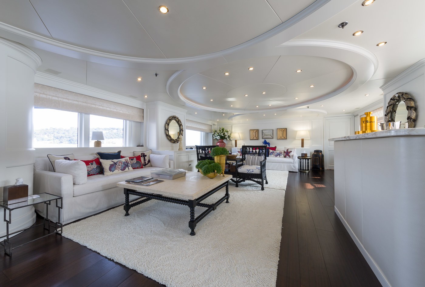 bina yacht charter - Main Deck - Salon Area with White Sofas, Comfortable Chairs, White Carpets