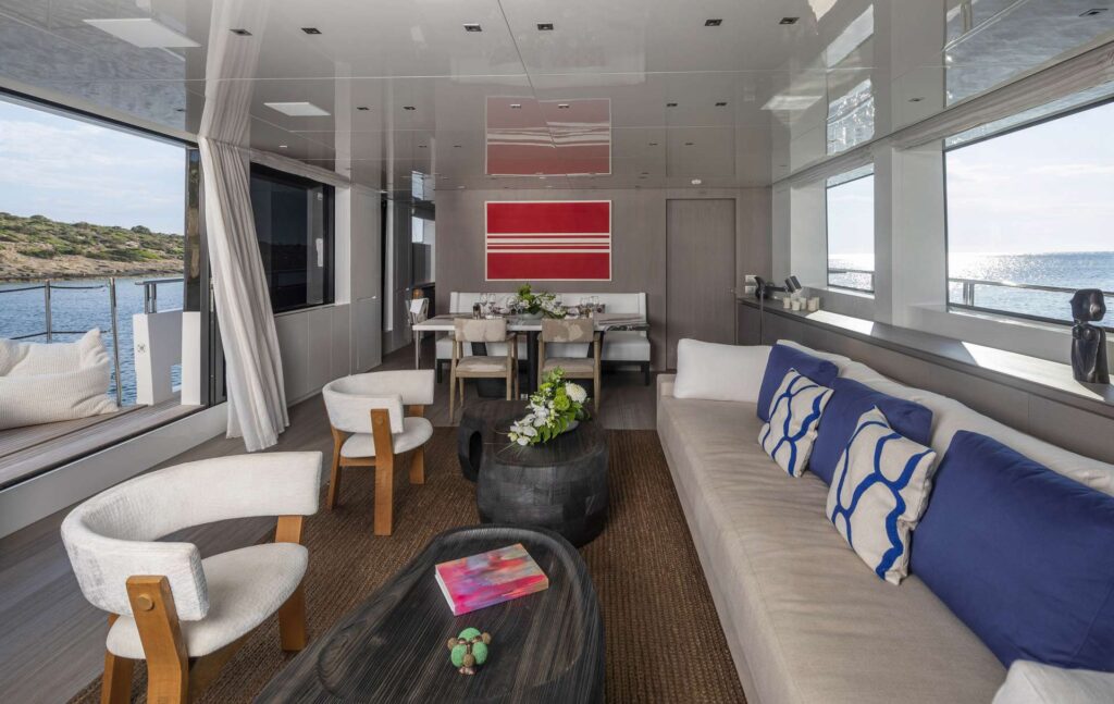 main salon area onboard dinaia yacht charter