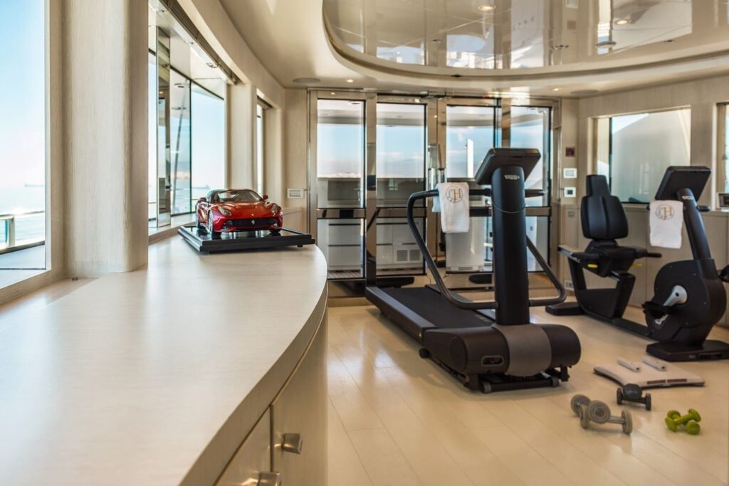 exercise equipment in a yacht sundeck gym