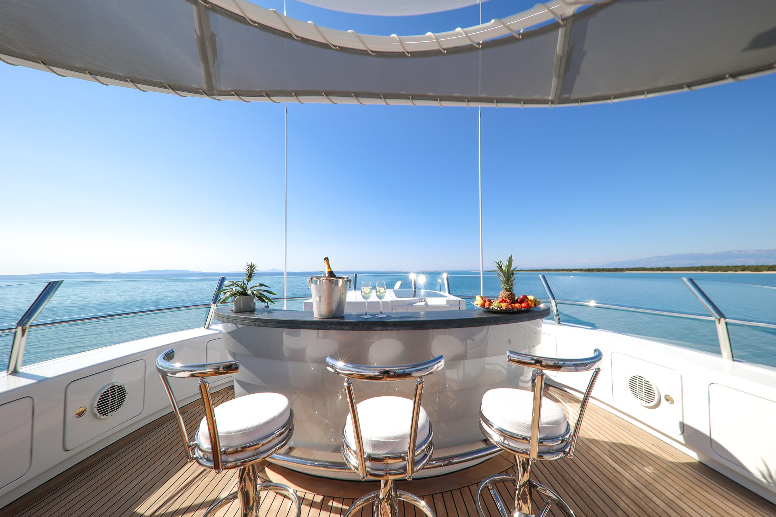 An incredible view of the Croatian Adriatic sea from a sundeck of a chartered yacht