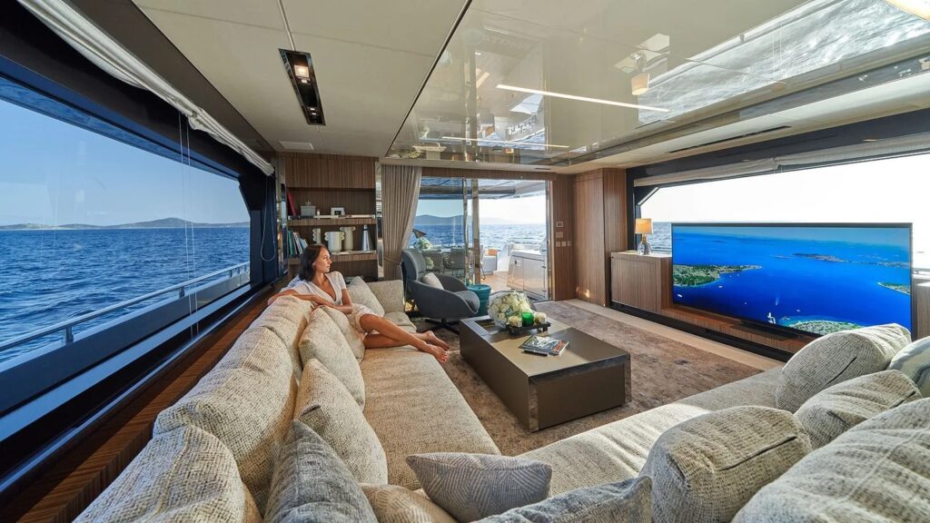 Nikita Yacht Charter salon area with a large tv