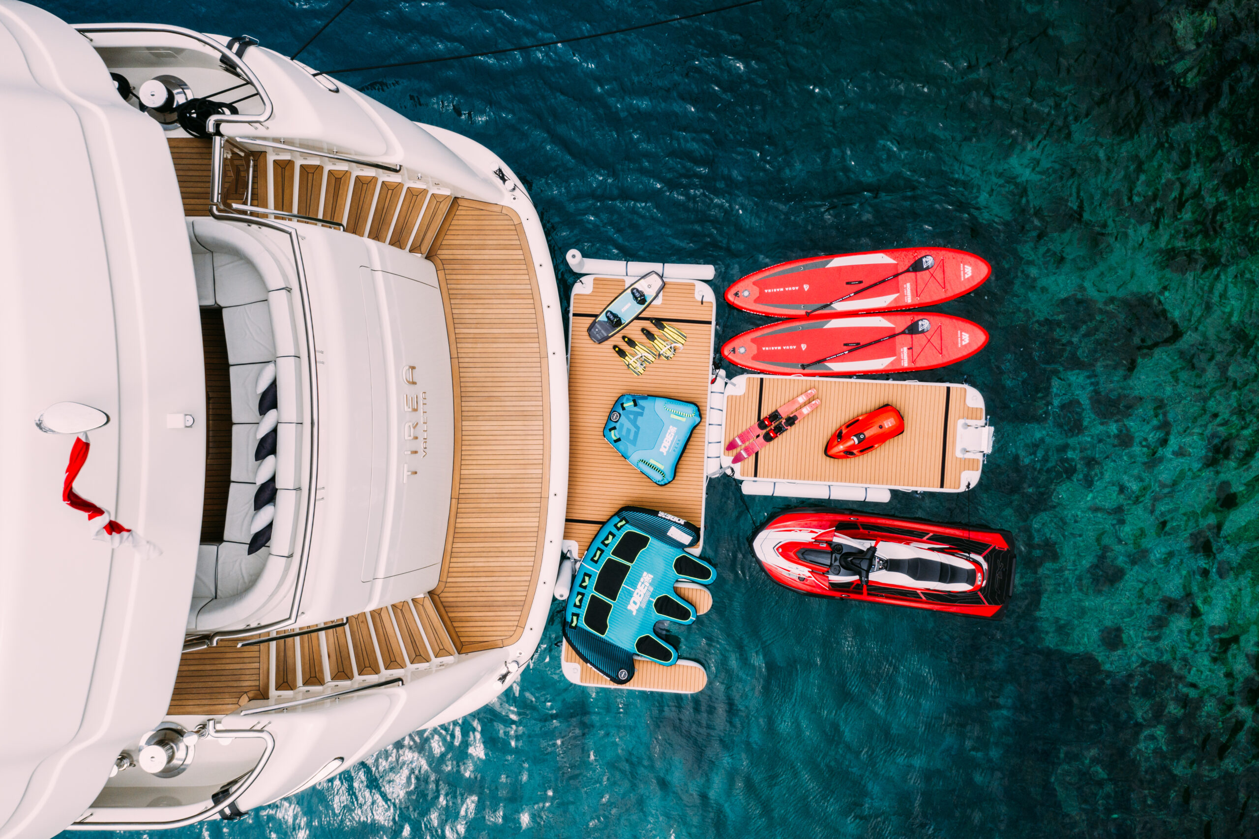 Aerial view of water toys near the swimming platform