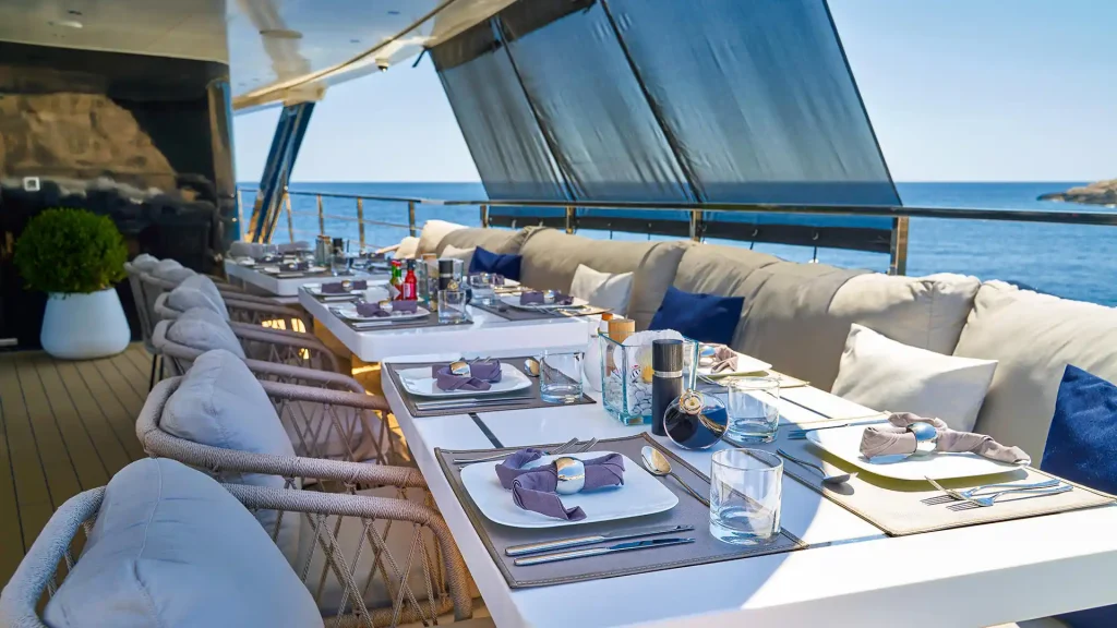 argo yacht charter upper deck dining area