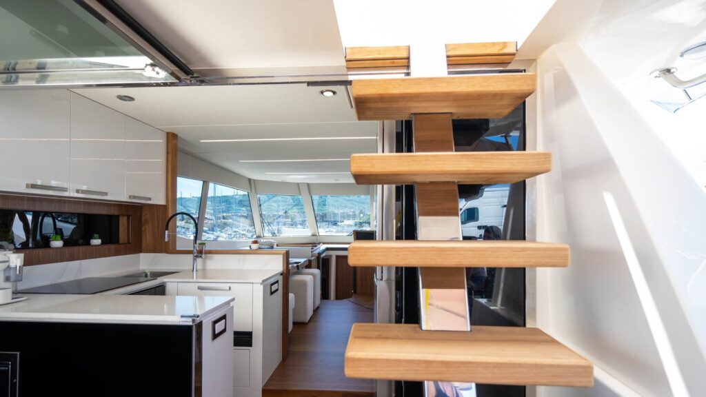 panta rei yacht charter galley and steps towards the flybridge