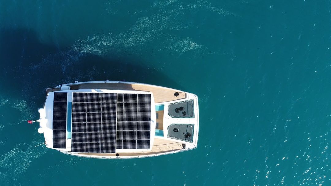 Solar panels on a catamaran roof, as seen from above