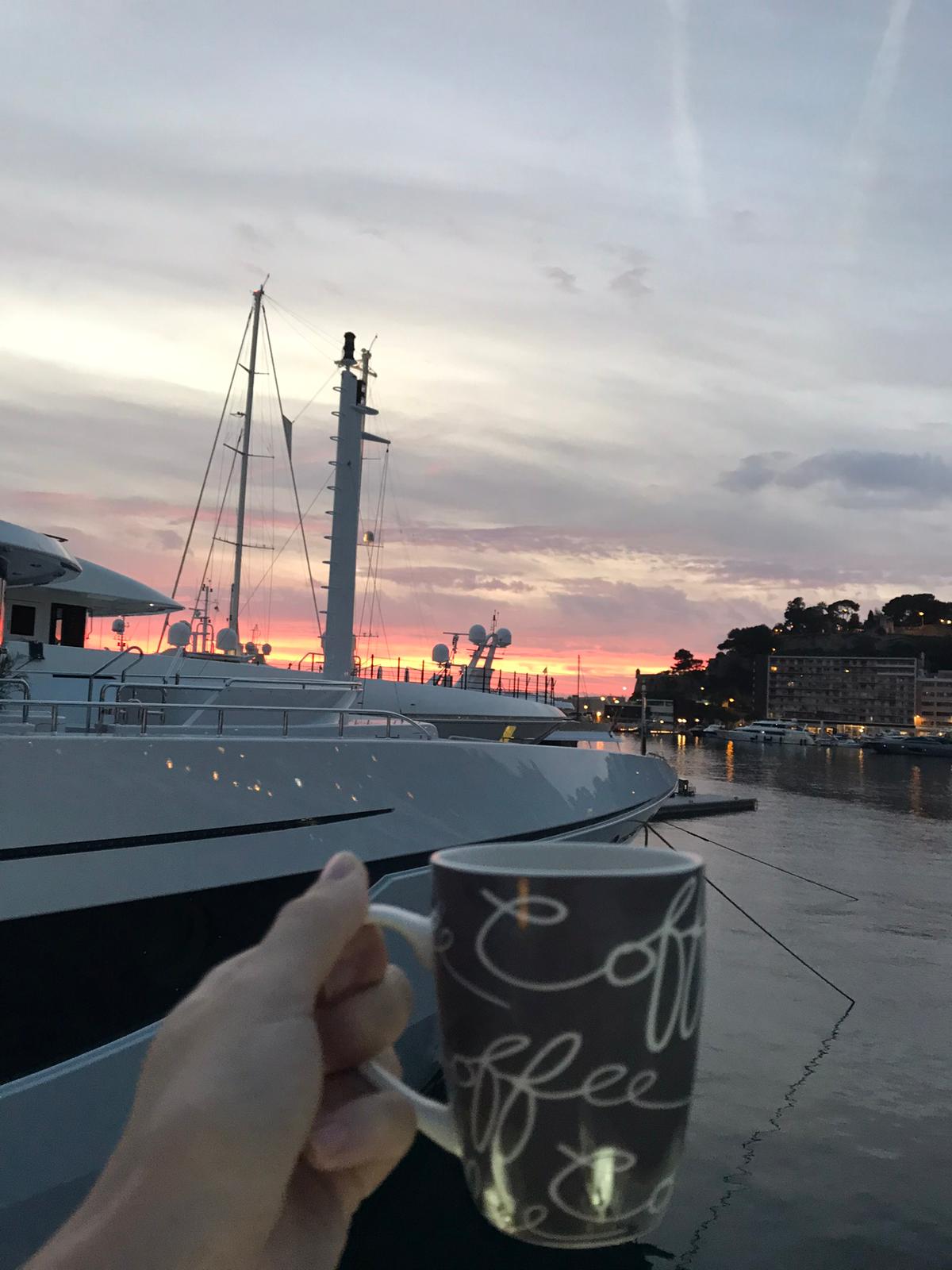 A day of a yacht stewardess always starts with a fresh cup of coffee, usually as the dawn breaks