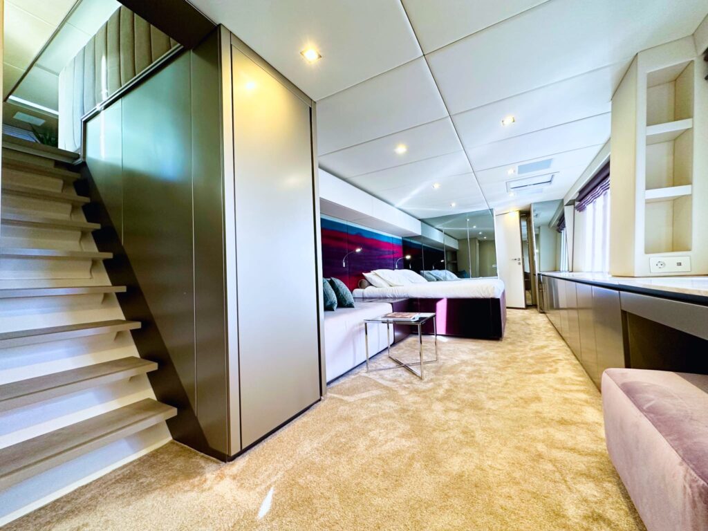 nala one catamaran yacht lower deck stairs & master suite view