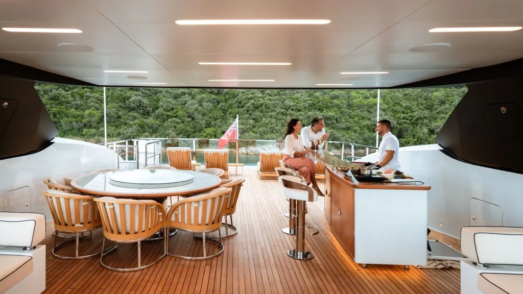 lady lena yacht charter guests on the sundeck