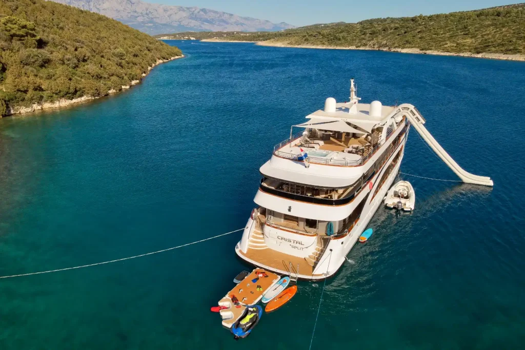 cristal yacht charter aerial rear side view