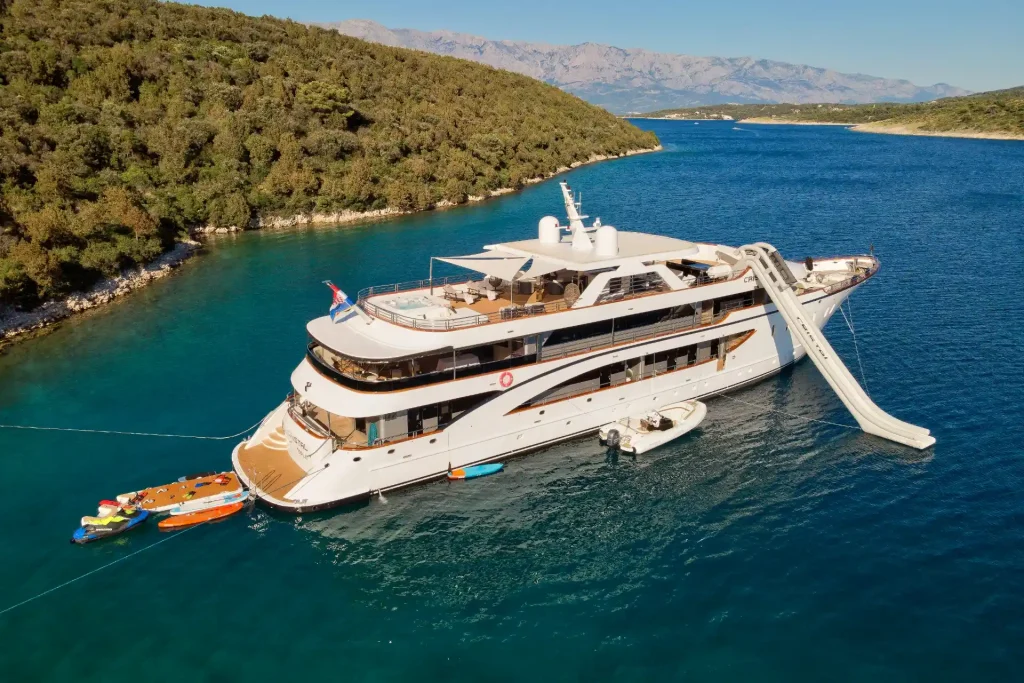 cristal yacht charter aerial starboard side view