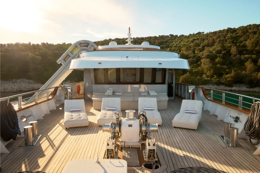 cristal yacht charter bow area with sun loungers