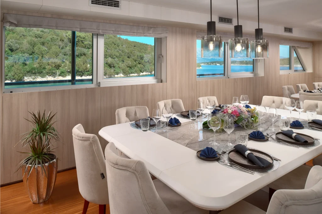 cristal yacht charter dining area view to the outside